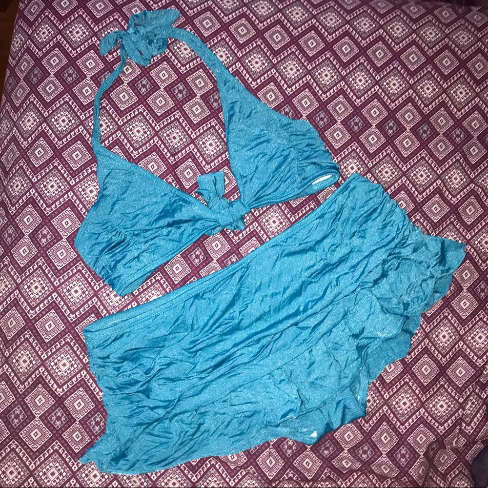 Turquoise Two Piece Shiny Skirted Bikini